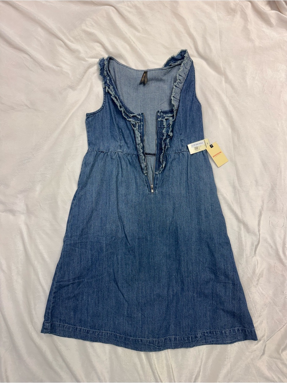 Stetson Blue Denim Mini Dress with Ruffle V-Neck